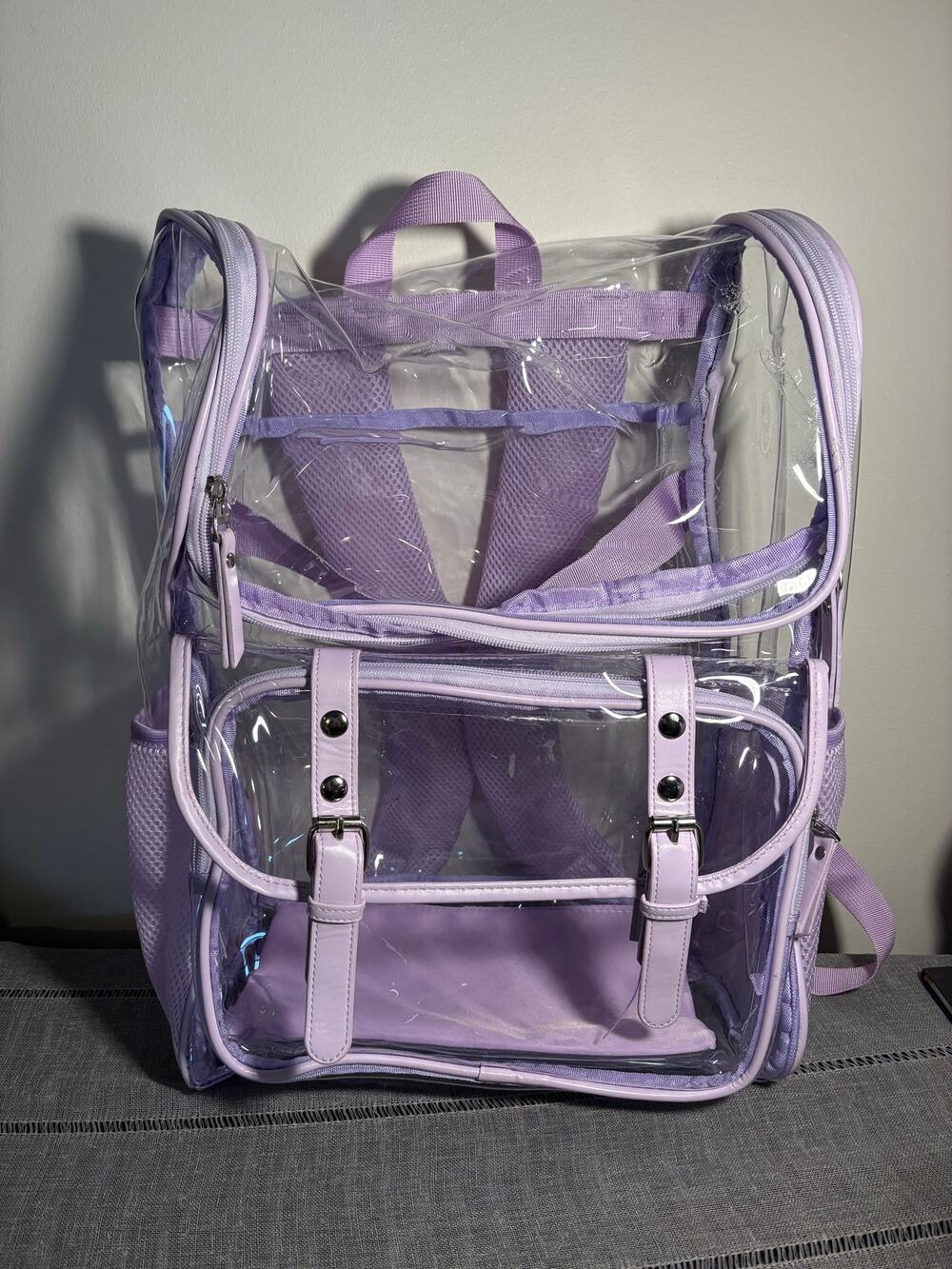 Clear large backpack with purple trim great for school